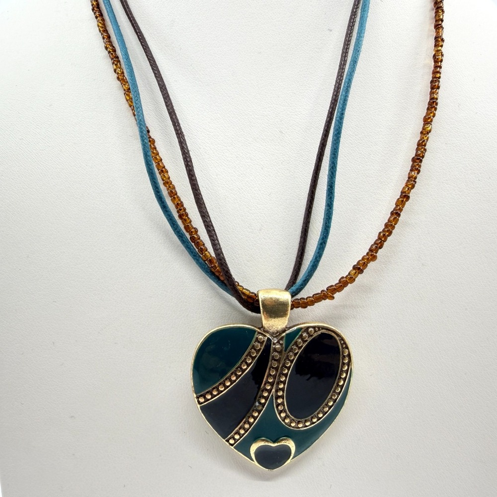 Vintage Y2K Enamel Heart Pendant Multi Strand Layered Necklace Teal Brown Beaded